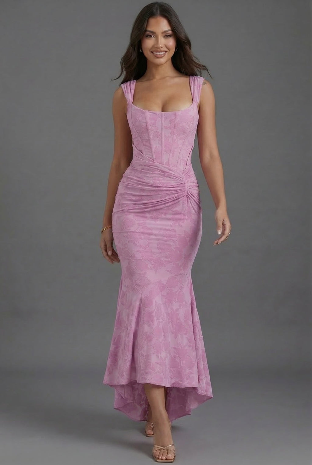 Women's ruched corset maxi dress – fishtail hem back view open back detail