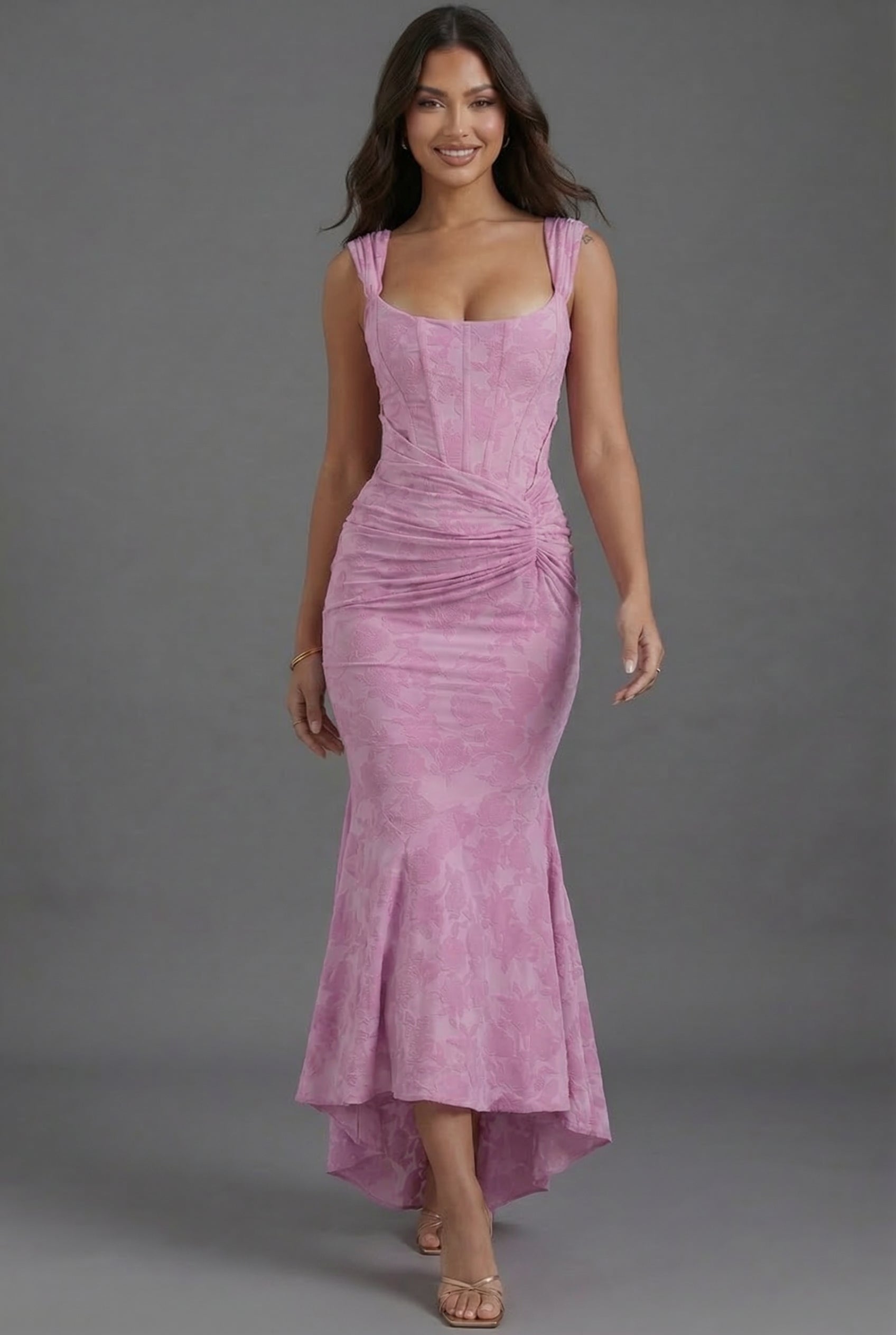 Floral Wedding Guest Corset Ruched Fishtail Maxi Dress