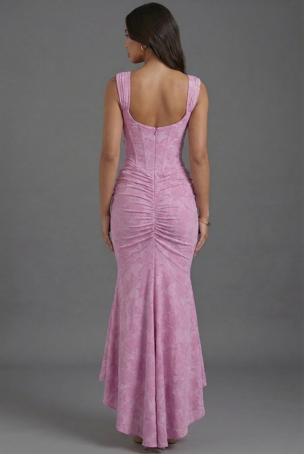 Pink fishtail wedding guest maxi dress for women – asymmetric high-low hem