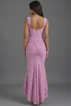 Pink fishtail wedding guest maxi dress for women – asymmetric high-low hem