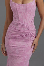 Women's corset maxi dress – close-up textured floral jacquard bodice detail