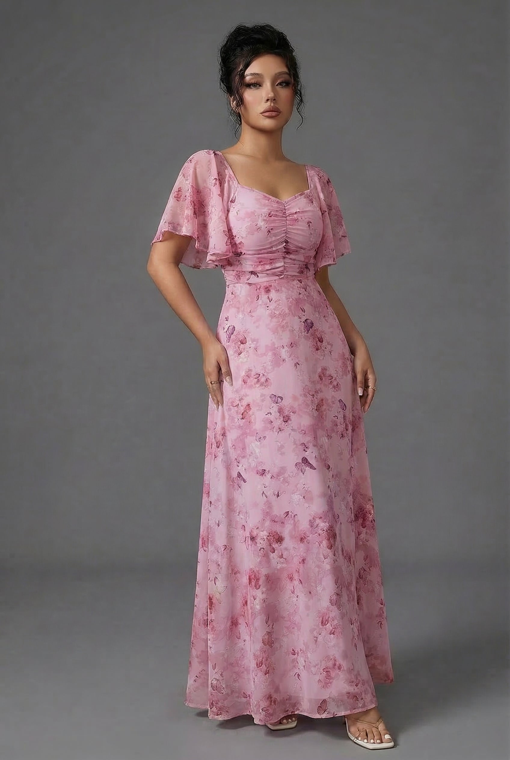 Women's flutter sleeve maxi dress sweetheart neckline detail
