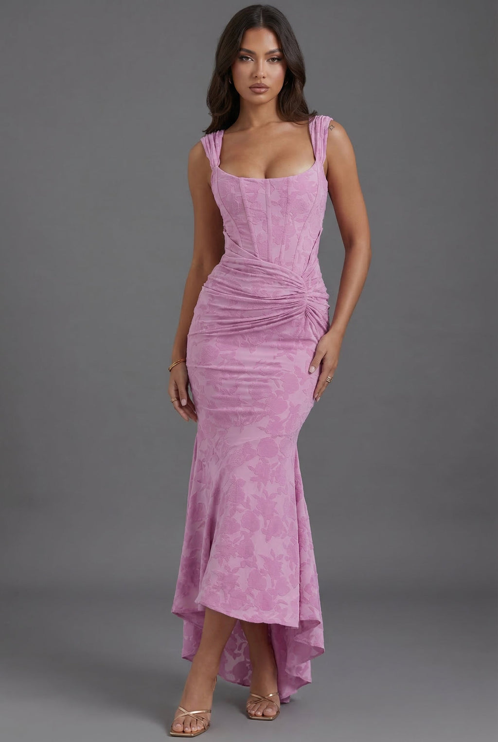 Women's corset fishtail maxi dress in pink – square neck ruched wedding guest dress front view