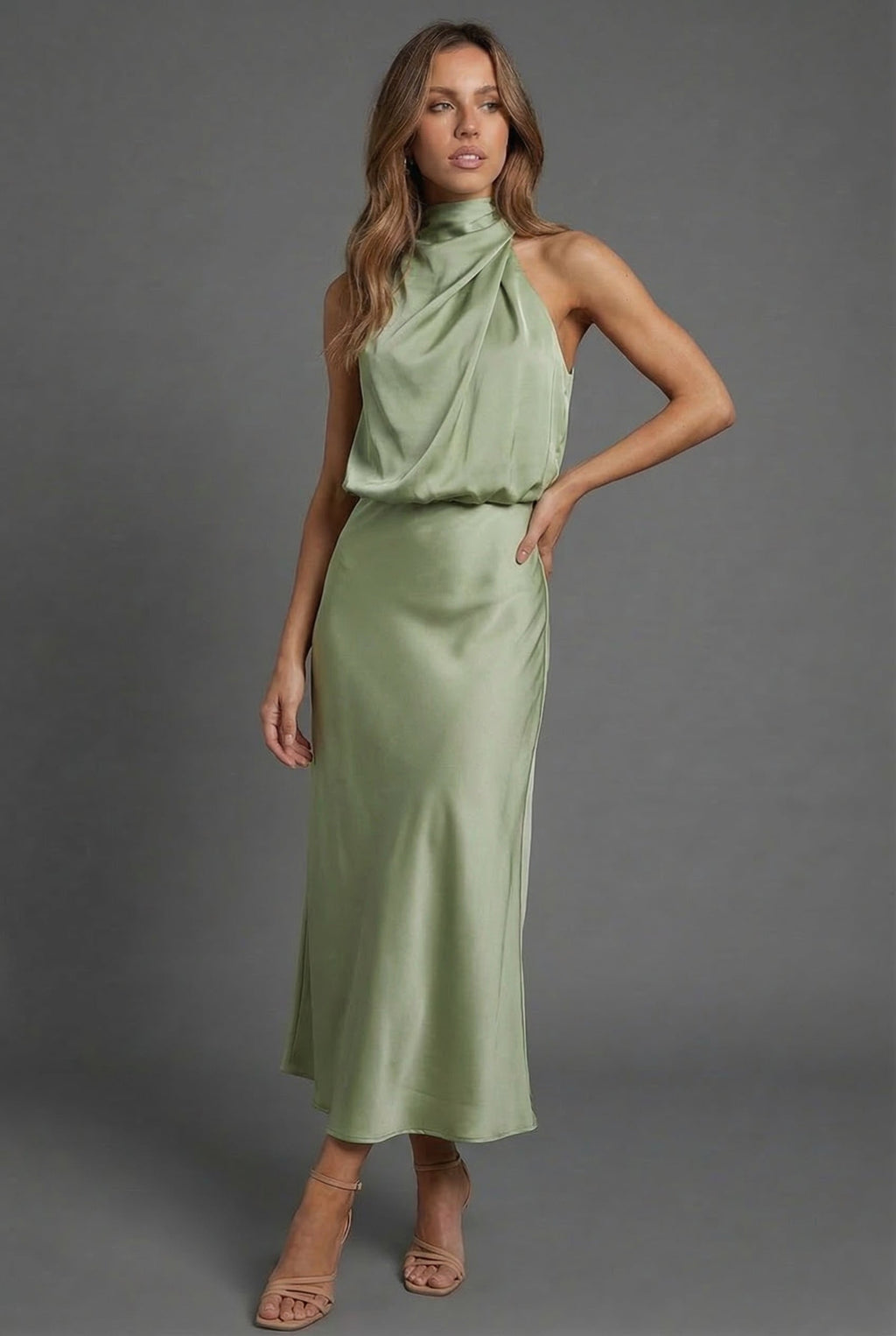 Halterneck Satin Style Wedding Guest Midi Dress