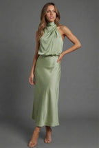 Halterneck Satin Style Wedding Guest Midi Dress