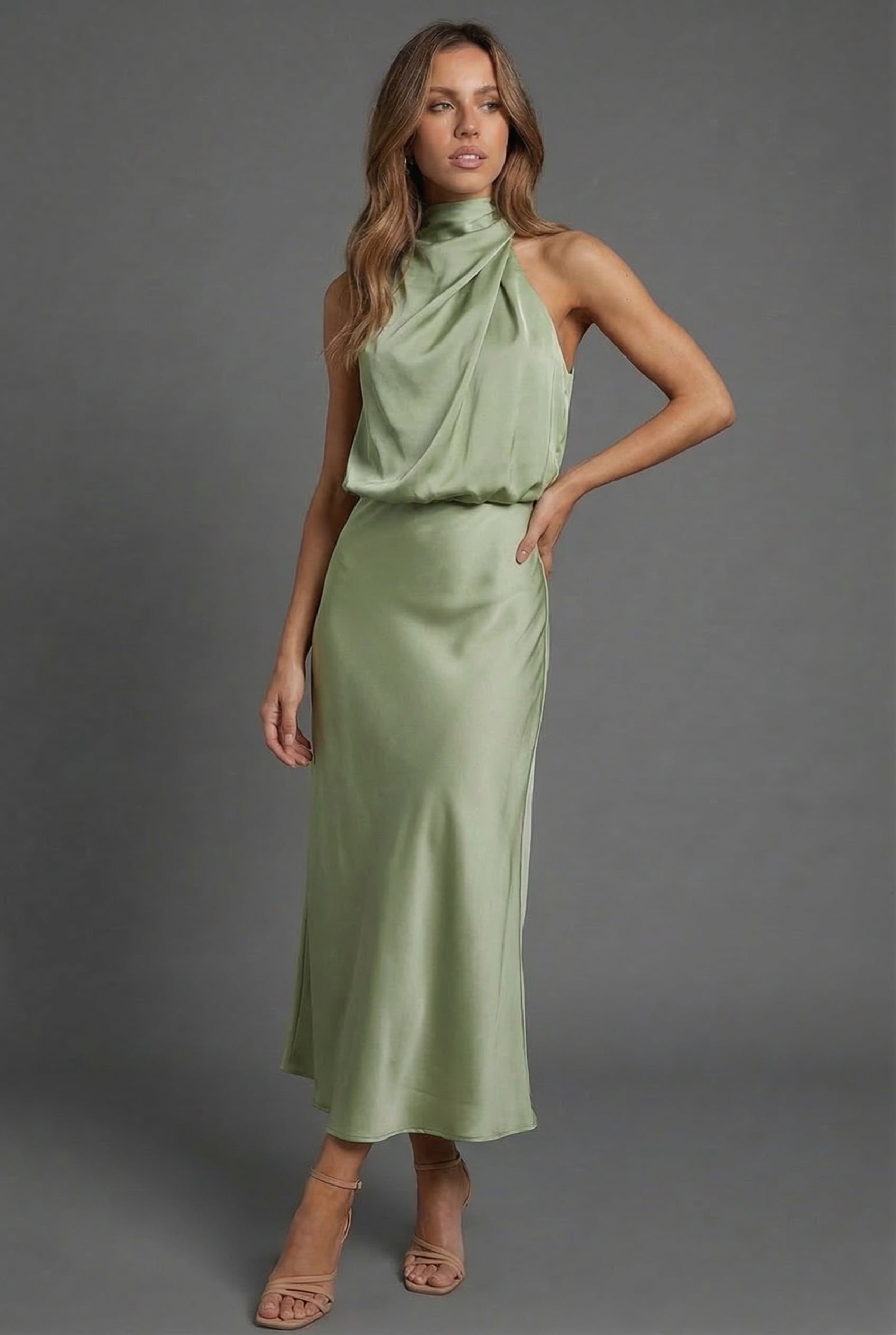 Halterneck Satin Style Wedding Guest Midi Dress