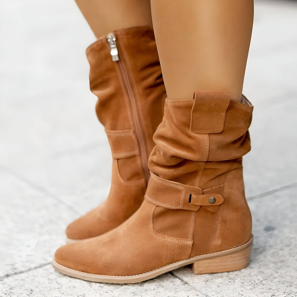 Beige Faux Suede Boots, front view