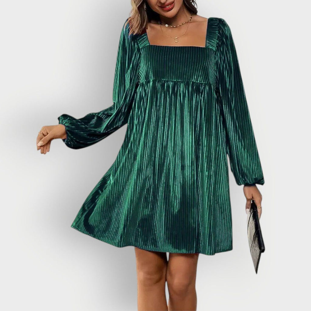 Dark Green Velvet Pleated Dress, front view