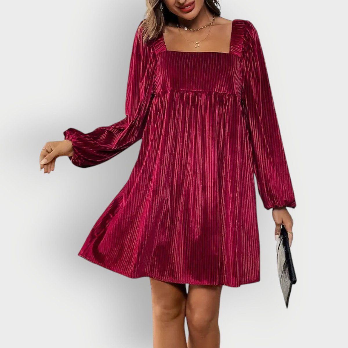 Velvet Pleated Formal Dress with Square Neck and Long Sleeves