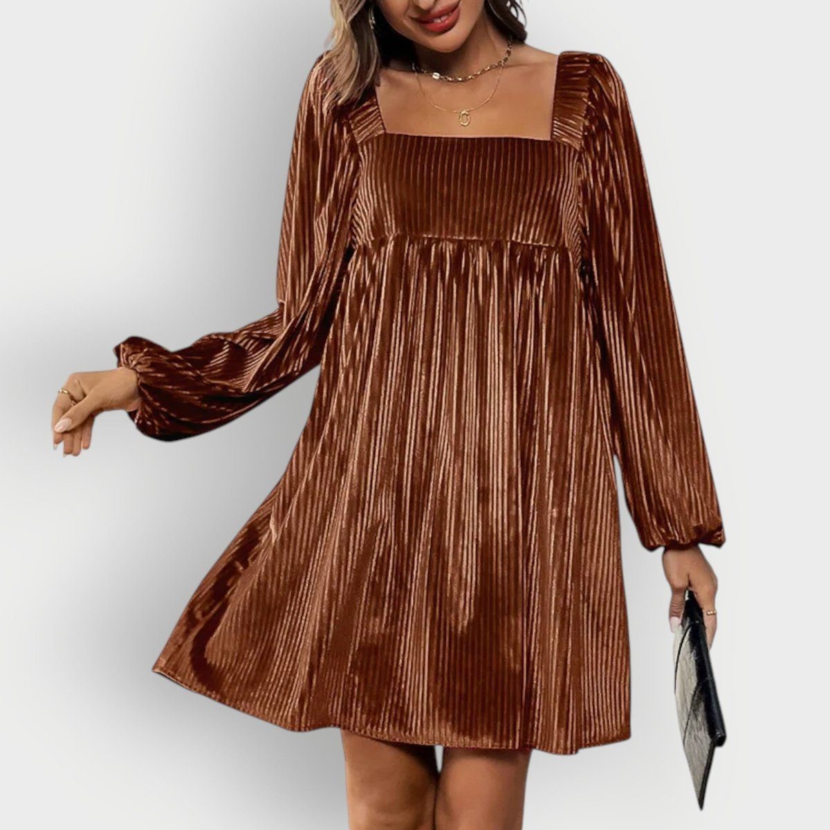 Velvet Pleated Formal Dress with Square Neck and Long Sleeves