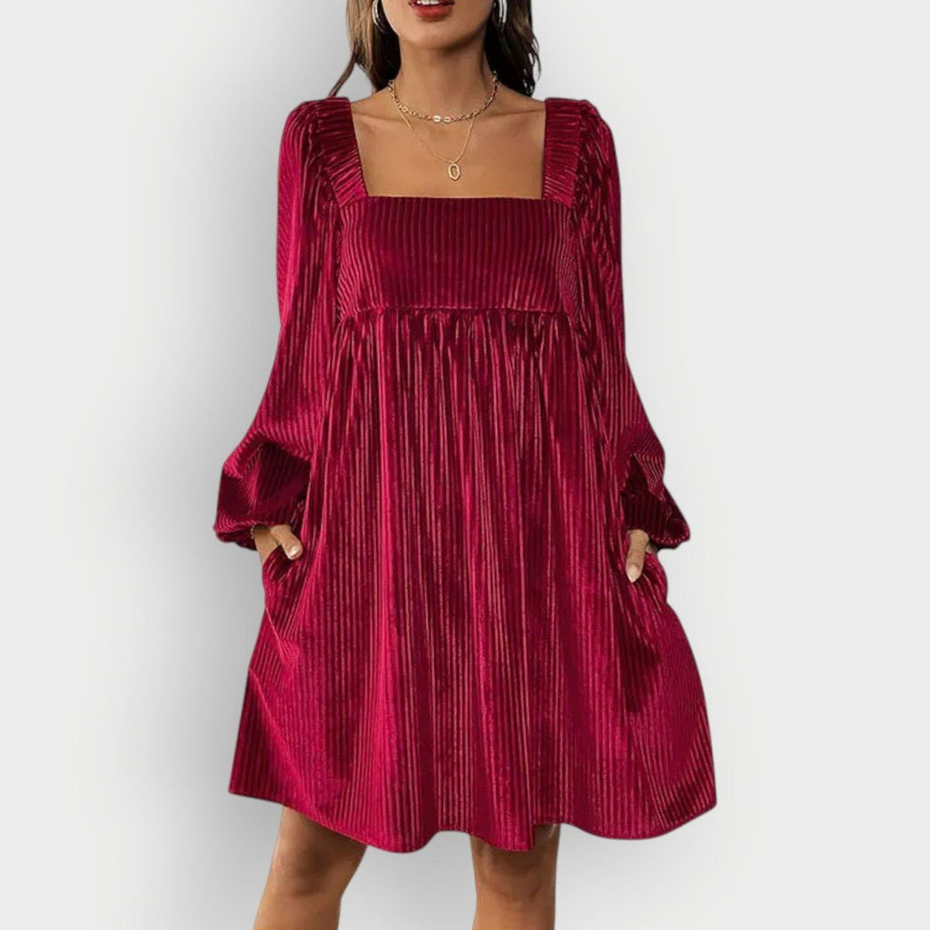 Velvet Pleated Formal Dress with Square Neck and Long Sleeves