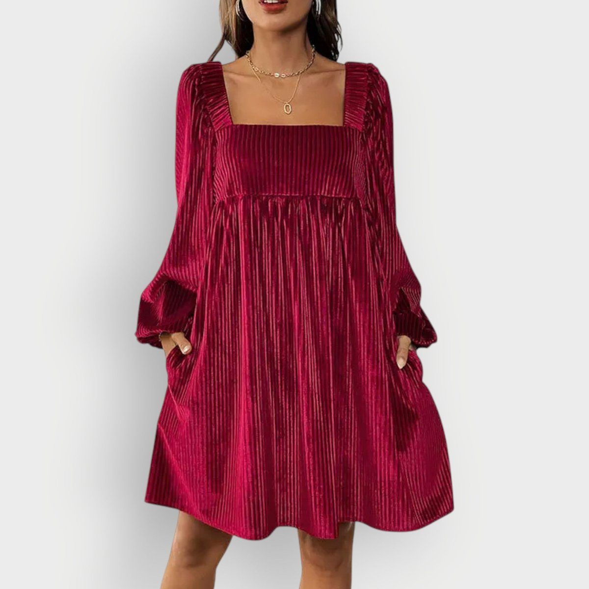 Velvet Pleated Formal Dress with Square Neck and Long Sleeves