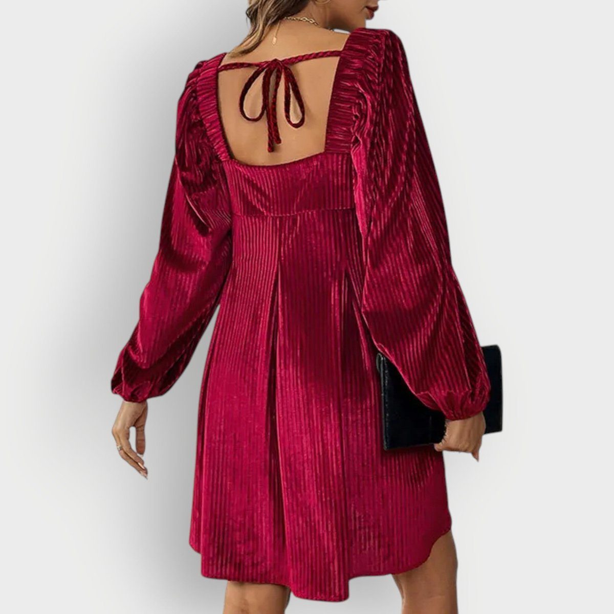 Velvet Pleated Formal Dress with Square Neck and Long Sleeves