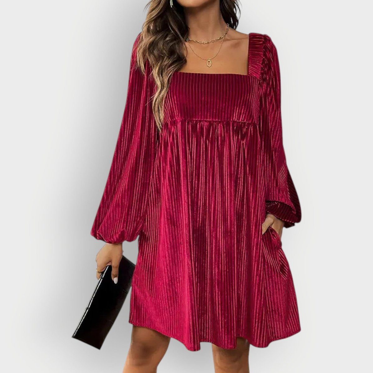 Velvet Pleated Formal Dress with Square Neck and Long Sleeves