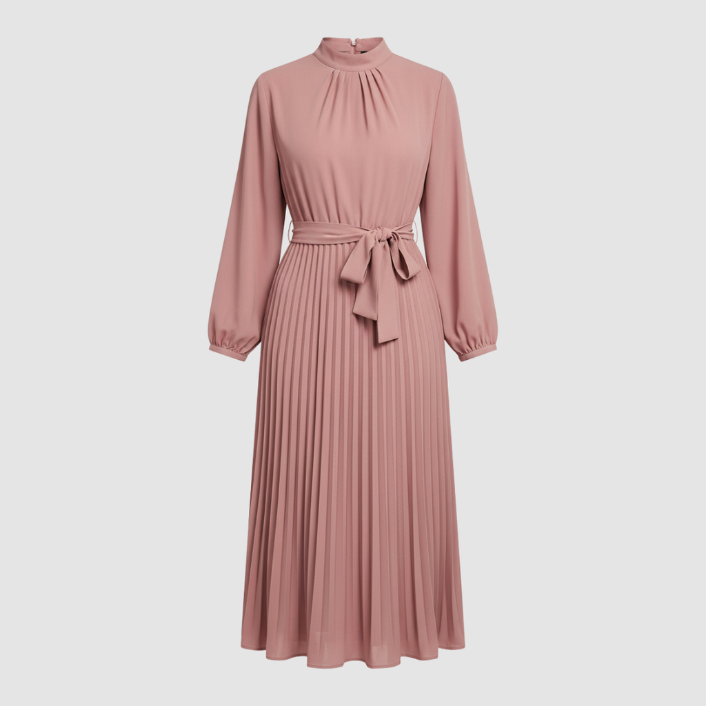 Women's long pleated dress with belt, second colour side view