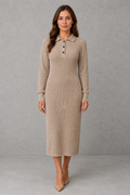 Khaki polo neck button placket knitted midi jumper dress, front view