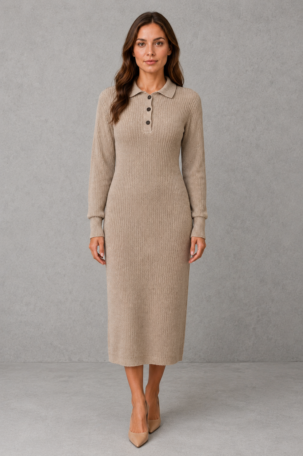 Khaki polo neck button placket knitted midi jumper dress, front view