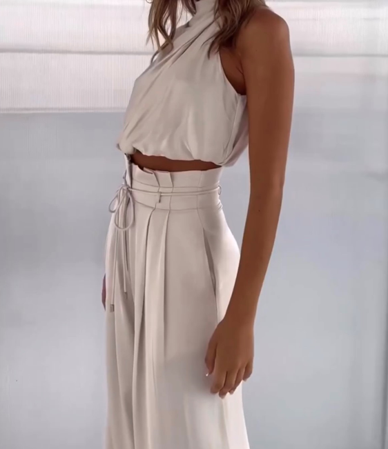 Priya | Women's Halter Crop Top Wide Leg Pants Set