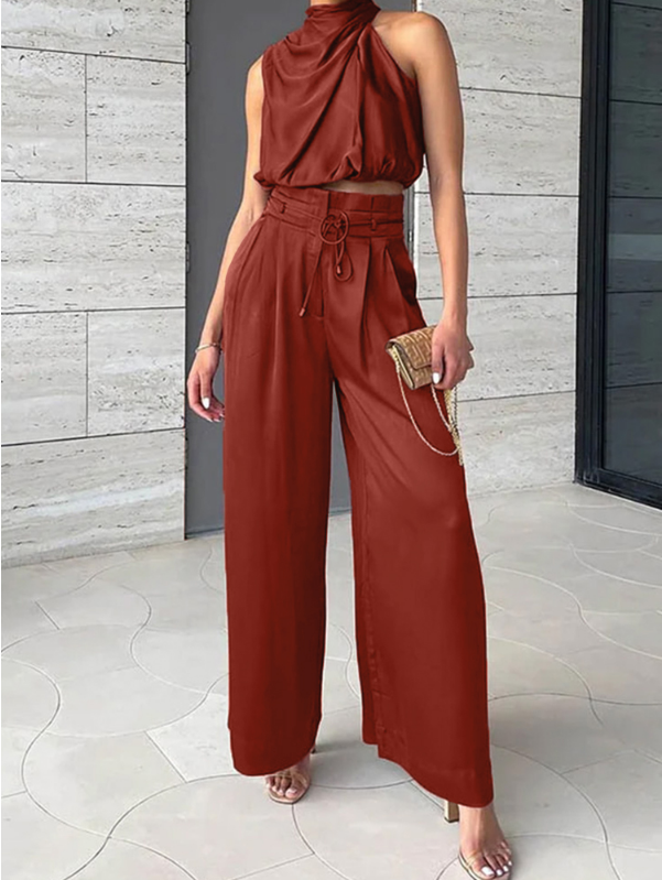Priya | Women's Halter Crop Top Wide Leg Pants Set