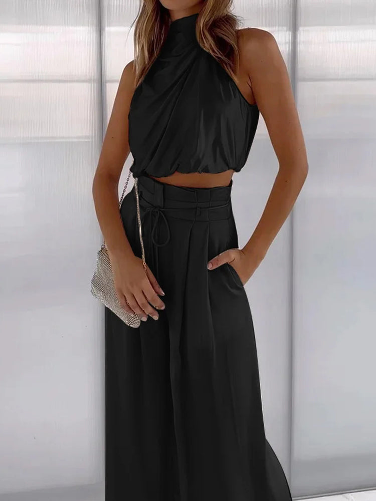 Priya | Women's Halter Crop Top Wide Leg Pants Set