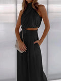 Priya | Women's Halter Crop Top Wide Leg Pants Set