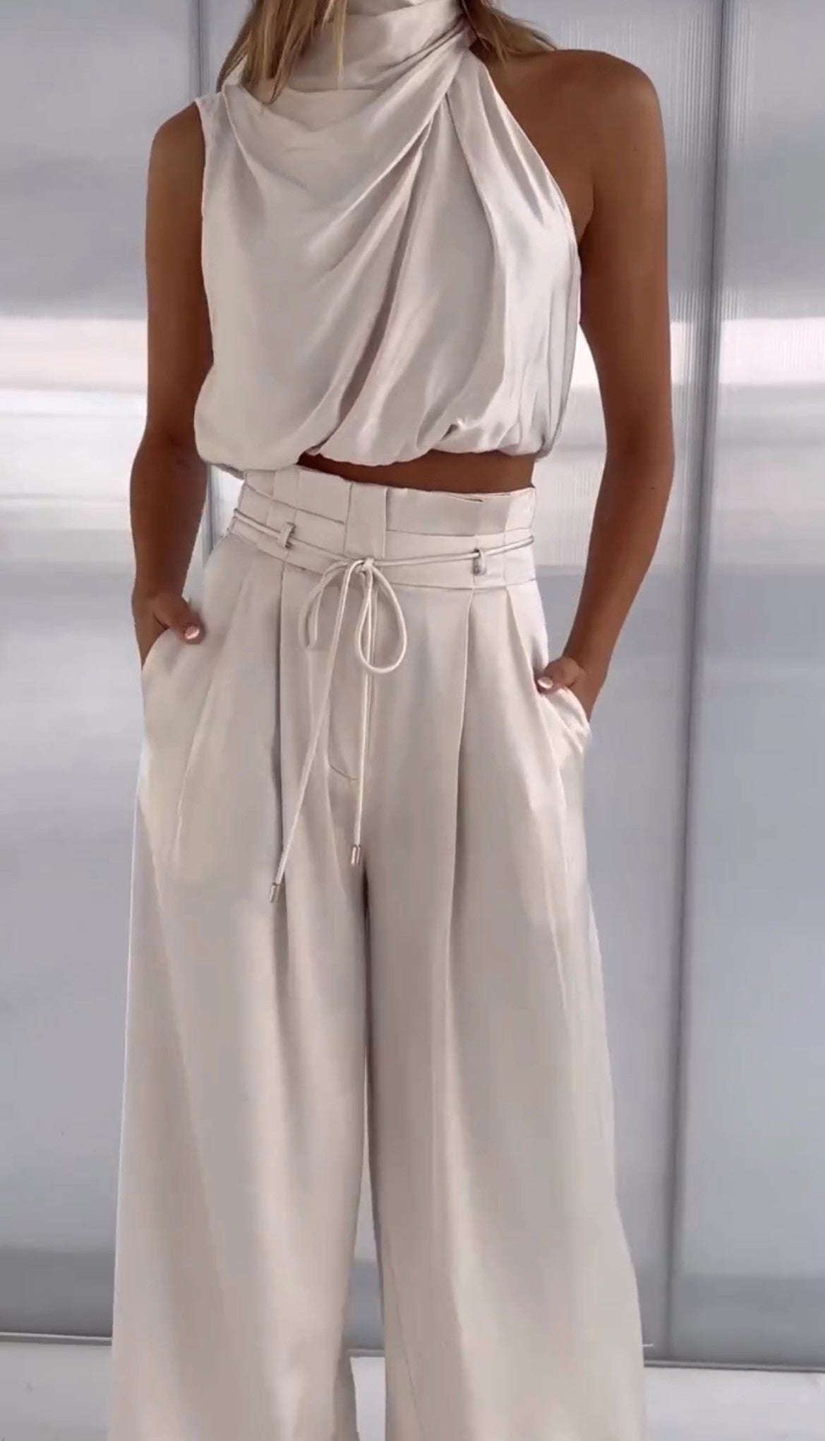 Priya | Women's Halter Crop Top Wide Leg Pants Set