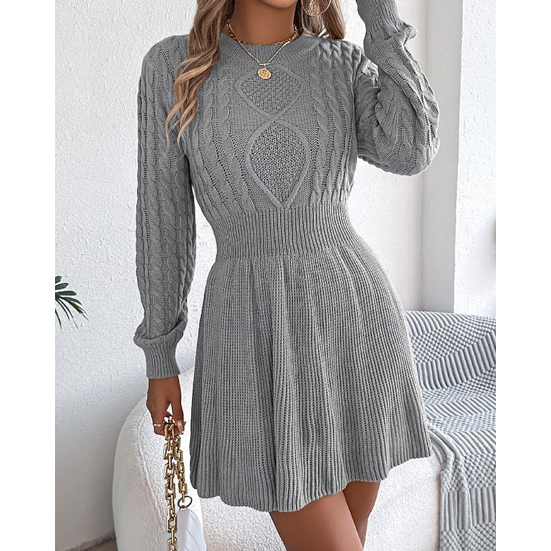 Grey Cable Knit Crew Neck Mini Dress