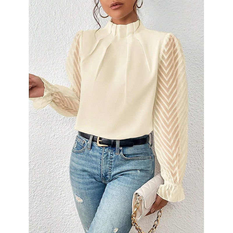 High-Neck Long Sleeve Blouse with Pleated Detail