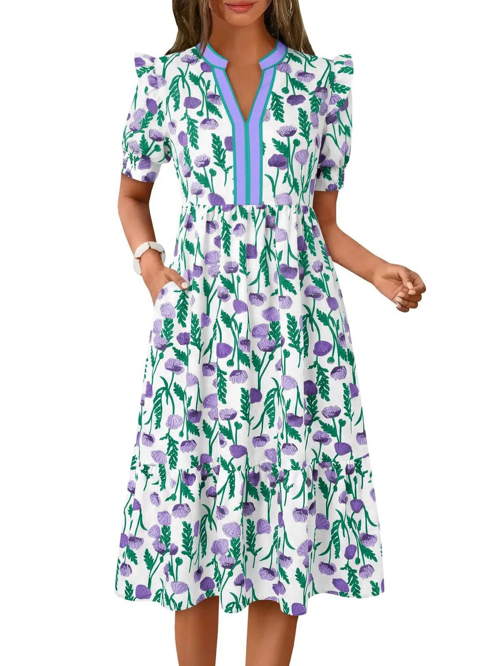 Loose-fitting floral midi dress with tiered hem close-up