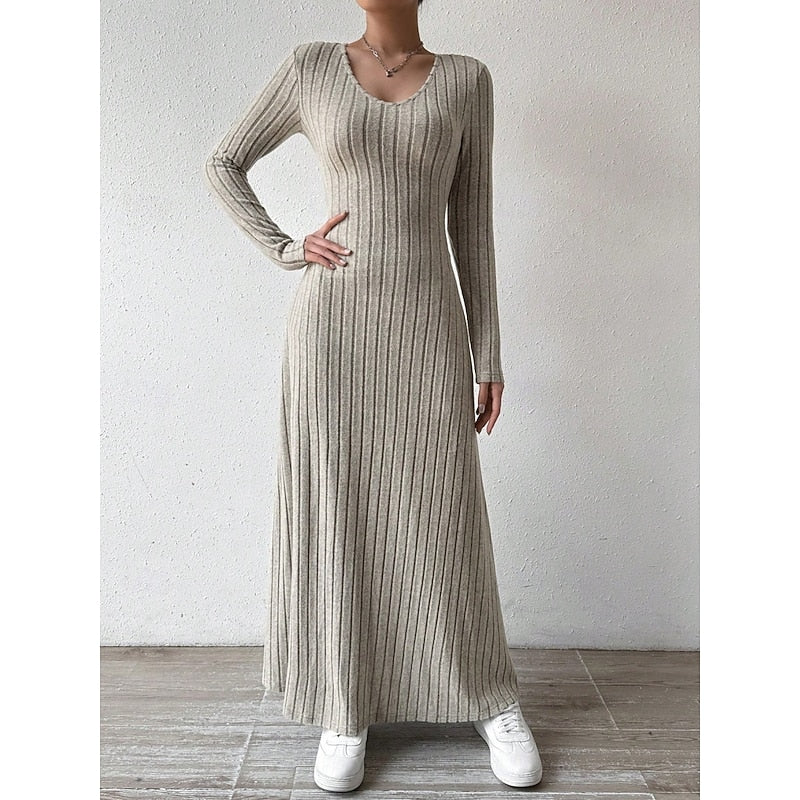 Green Ribbed V-Neck Maxi Dress