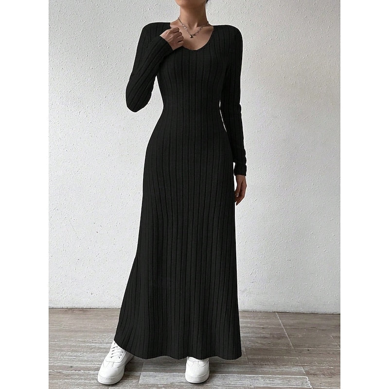 Green Ribbed V-Neck Maxi Dress