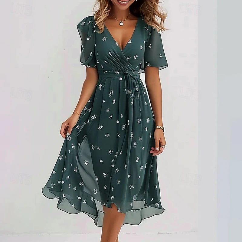 Woman's Cocktail Floral Vacation Holiday Midi Dress