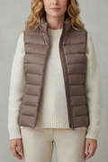 Khaki quilted high neck lightweight puffer jacket, front view