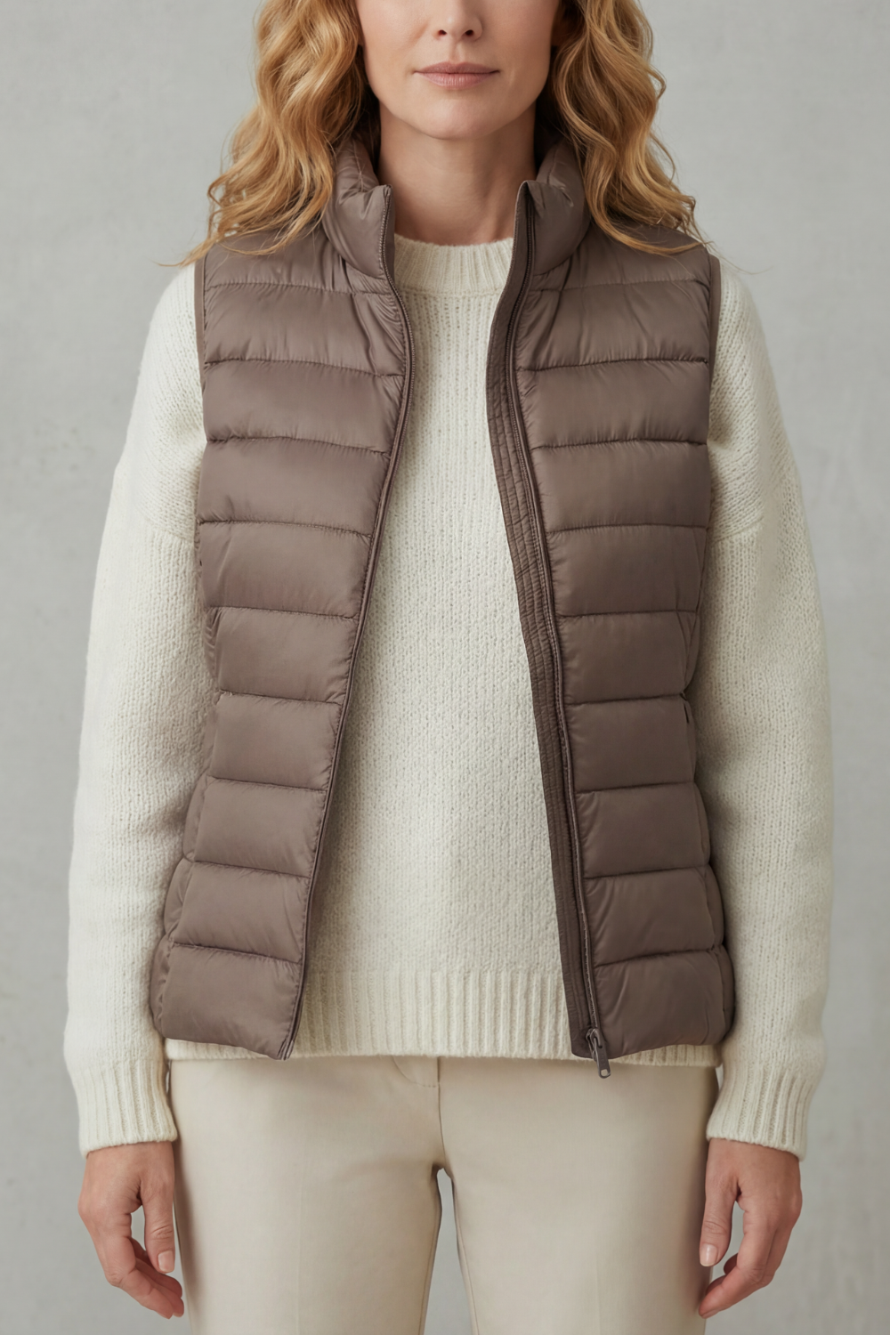 Khaki quilted high neck lightweight puffer jacket, front view