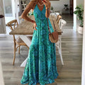 Women's Tiered Patterned Maxi Dress front view - Flowy V-Neck Wedding Guest Maxi Dress