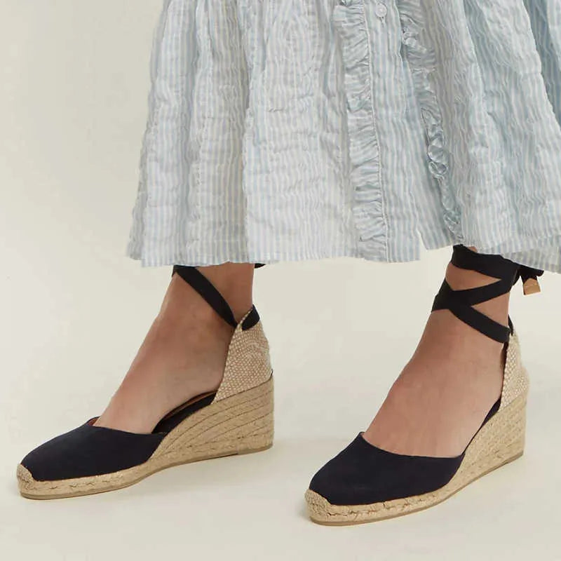 Sophisticated Wedge Espadrille Sandals with Ankle Tie Wraps and Knitted Heel Detail