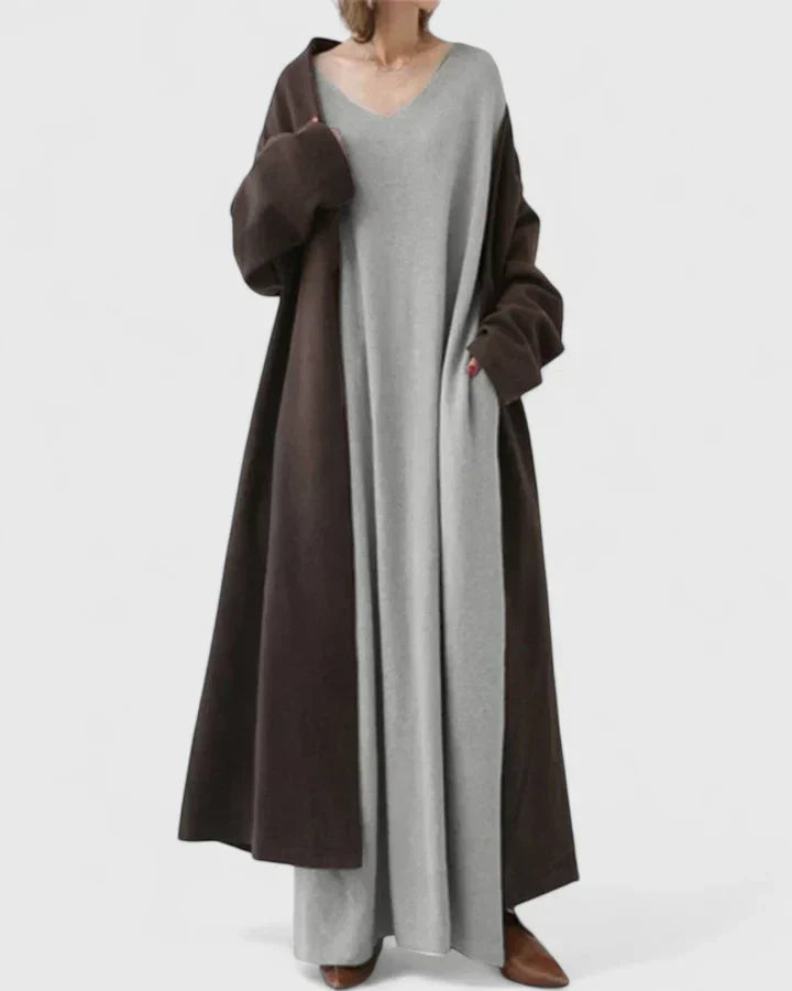 Oversized V neck maxi jumper dress with a maxi length with side split
