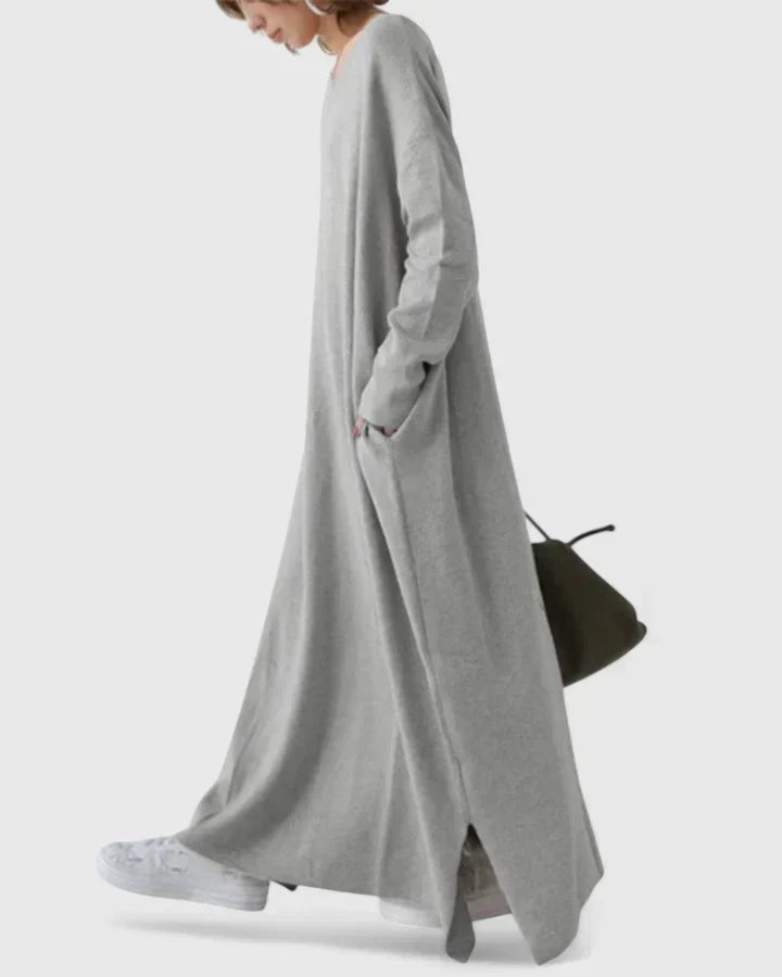 Oversized V neck maxi jumper dress with a maxi length with side split