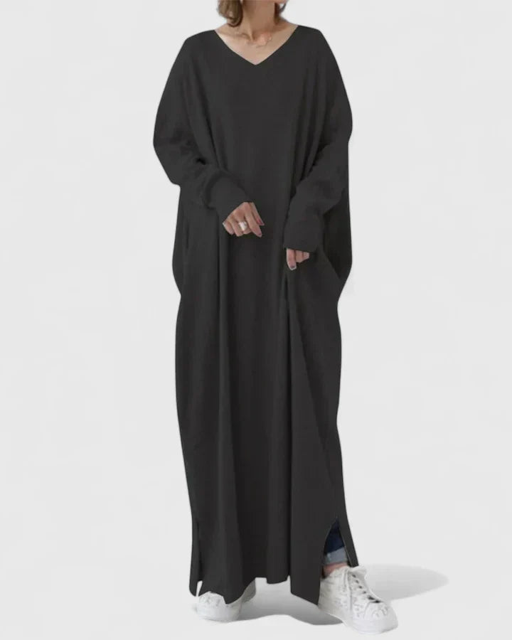 Oversized V neck maxi jumper dress with a v neckline