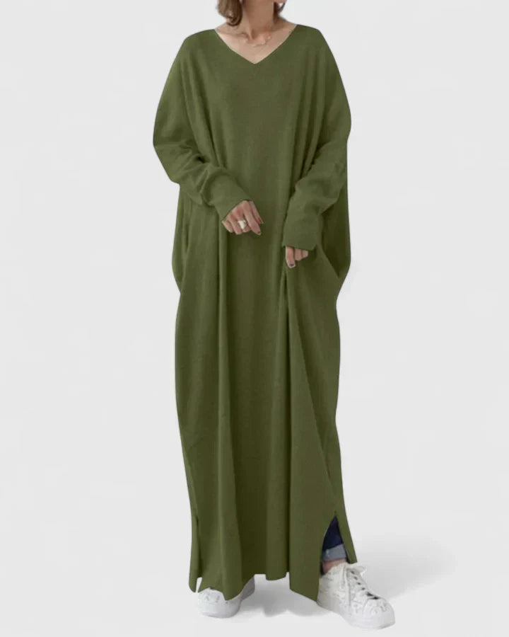 Oversized V neck maxi jumper dress with ribbed cuffs