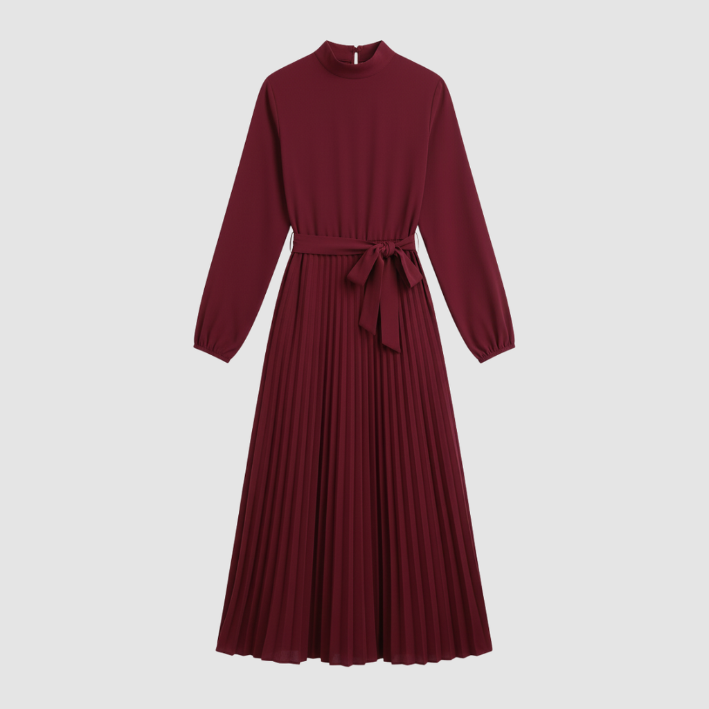 Women's long pleated dress with belt, third colour front view