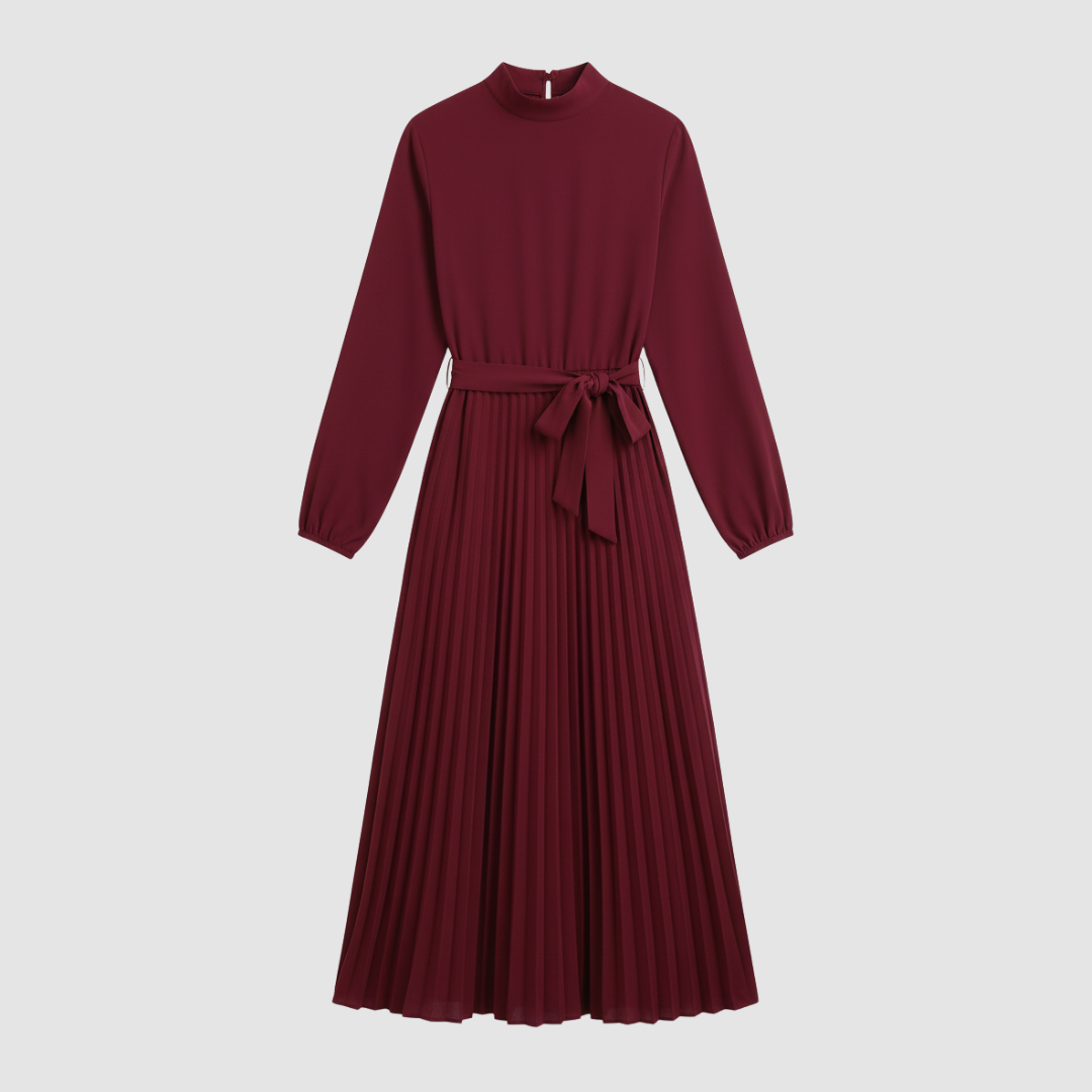 Women's long pleated dress with belt, third colour front view