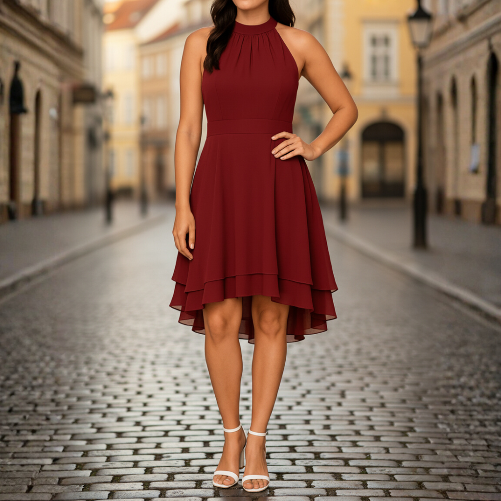 Halter neck layered skirt dress in white, alternative colour front view