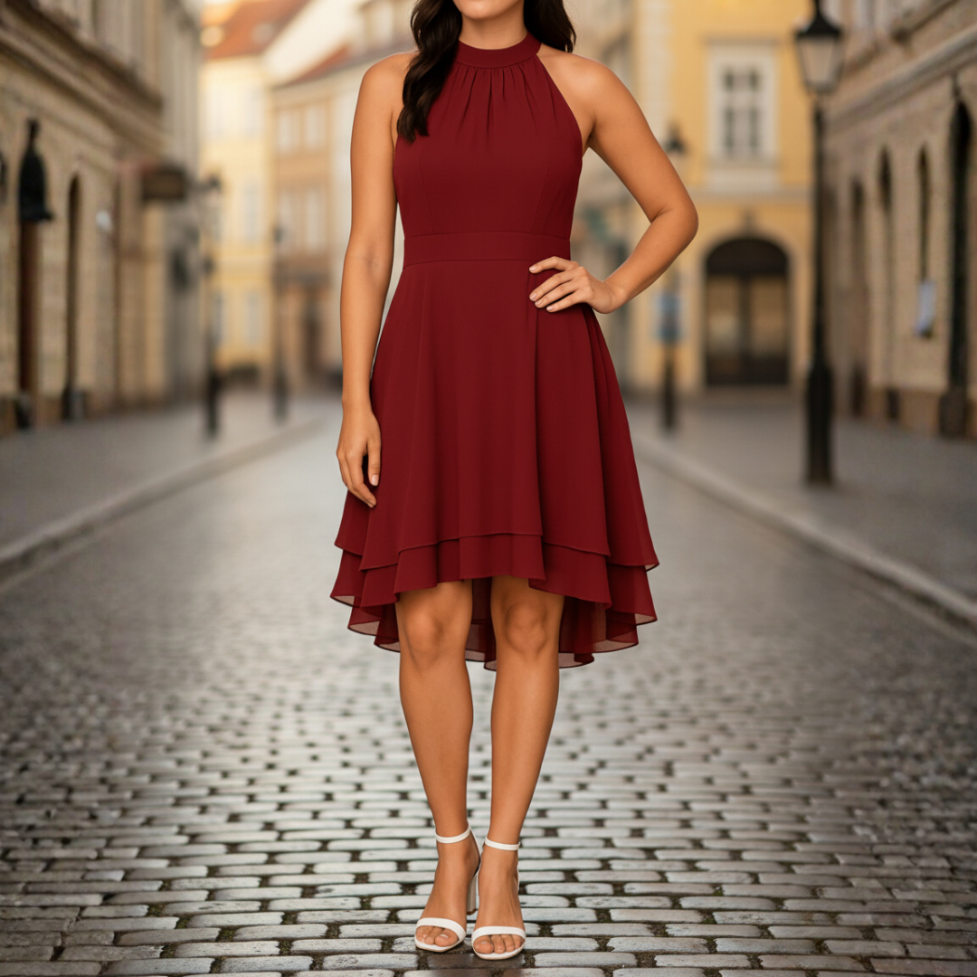 Halter neck layered skirt dress in white, alternative colour front view