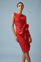 Red bow waist cocktail dress for women – fitted pencil back view