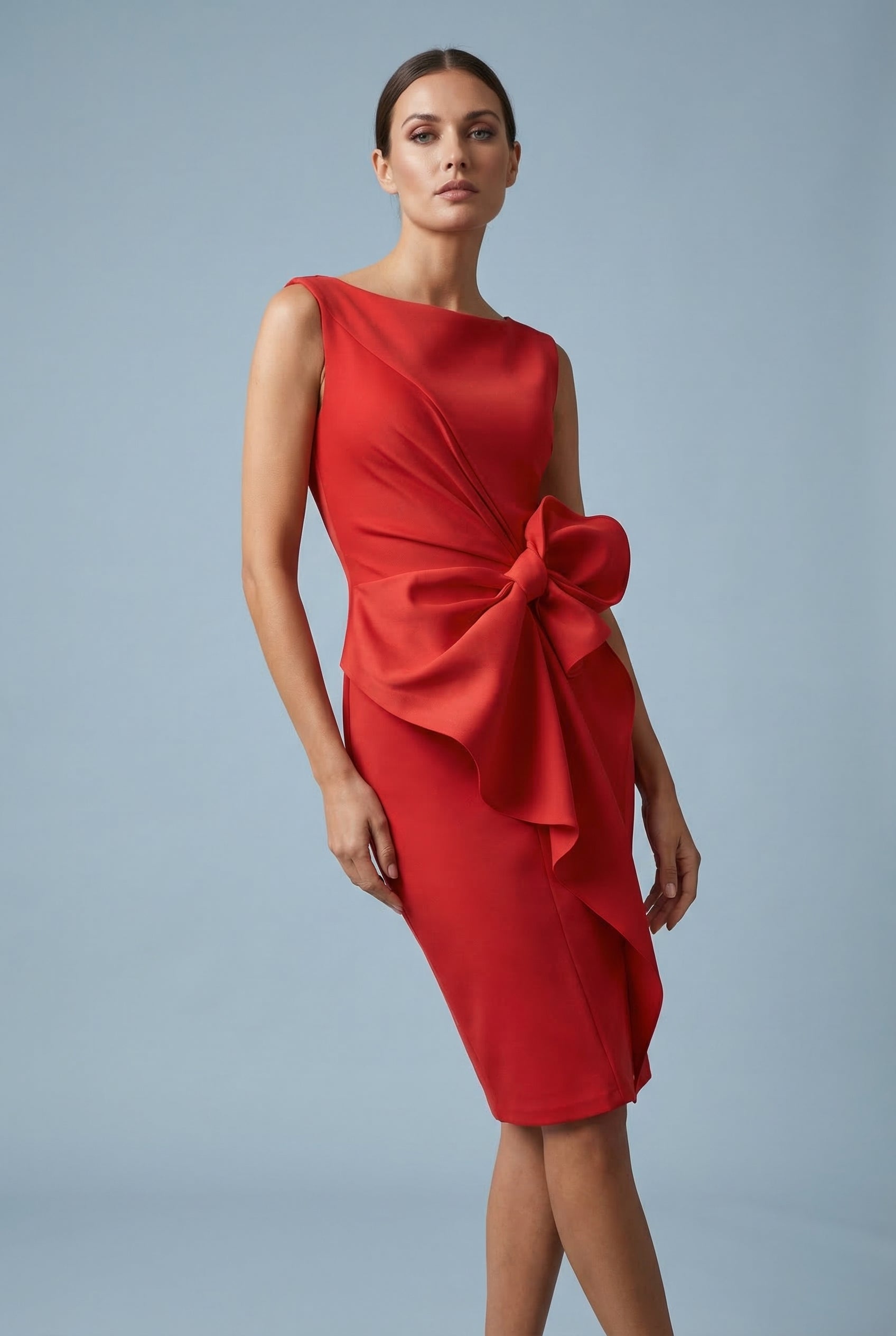 Red bow waist cocktail dress for women – fitted pencil back view