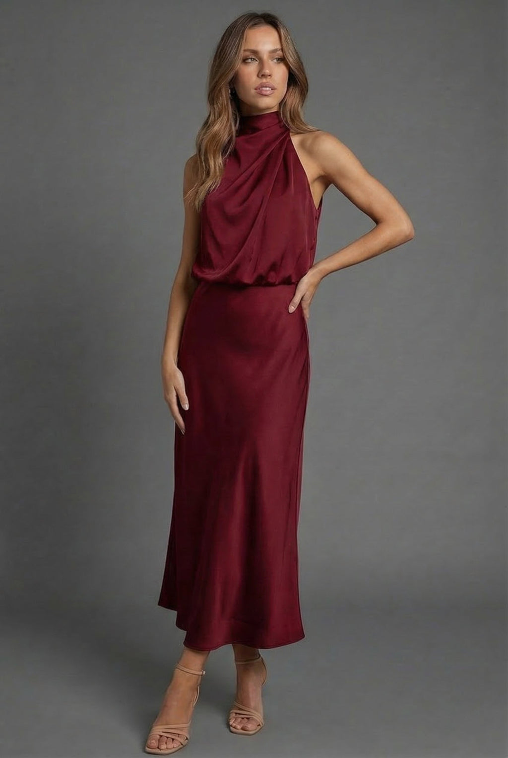 Halterneck satin midi dress for women – formal occasion look