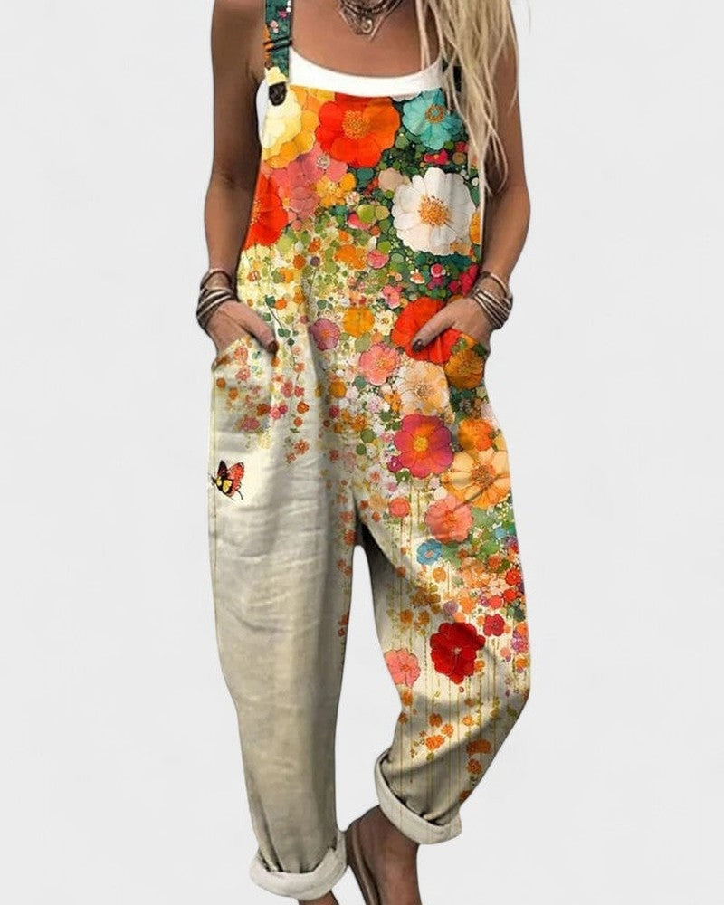 Floral print relaxed overalls jumpsuit in multicolour, front view