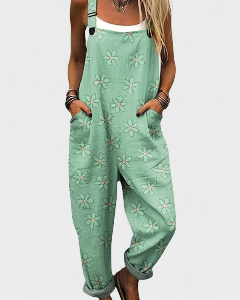 Floral overalls jumpsuit in green, styled on model
