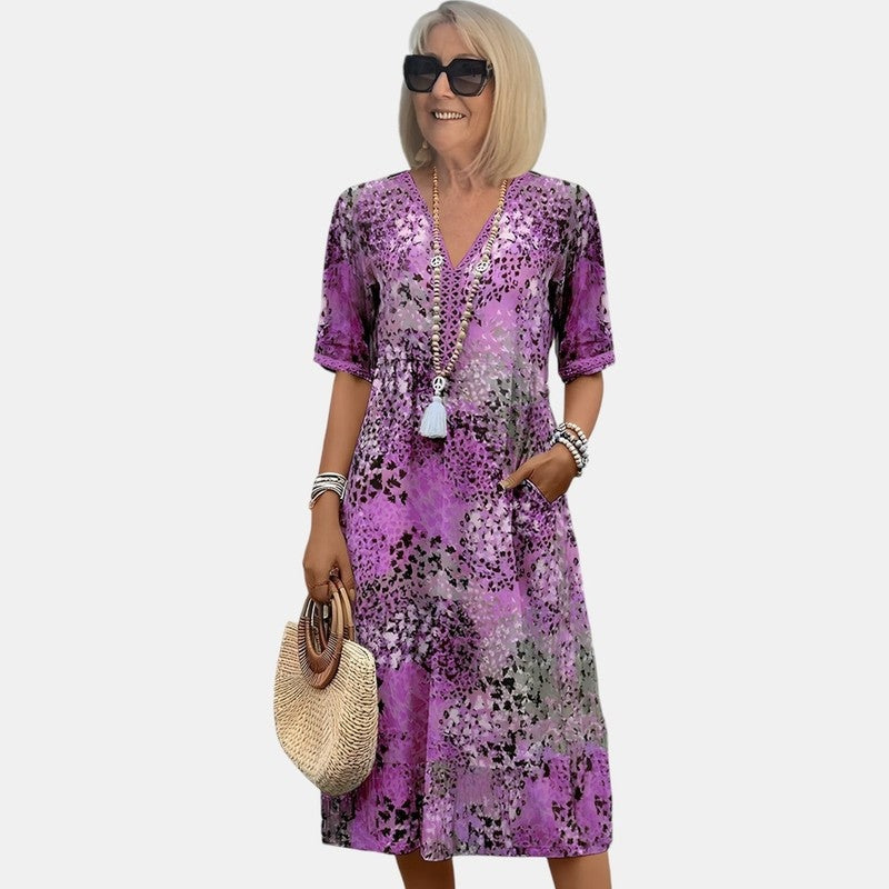 Relaxed floral V-neck midi dress in red, front view